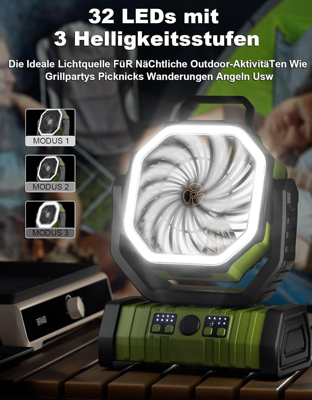 Richday Ventilator mit LED-Laterne 4 Geschwindigkeiten Camping Ventilator Leise Ventilator 20000mAh