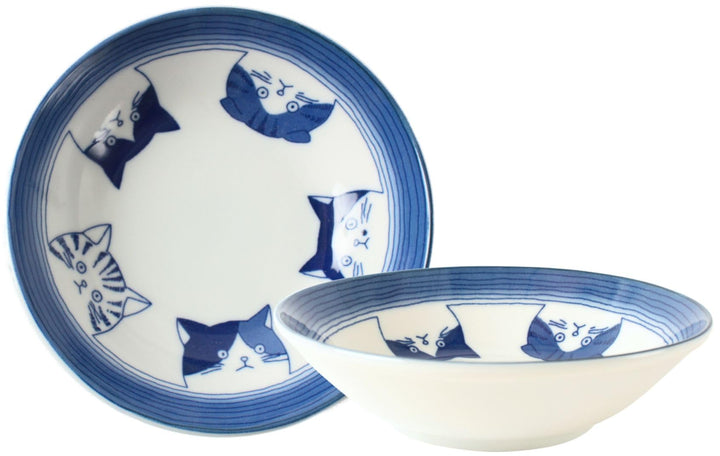 Mino ware GBS204 japanische Keramikteller, rund, fünf Katzengesichter, Weiss und Blau, hergestellt i