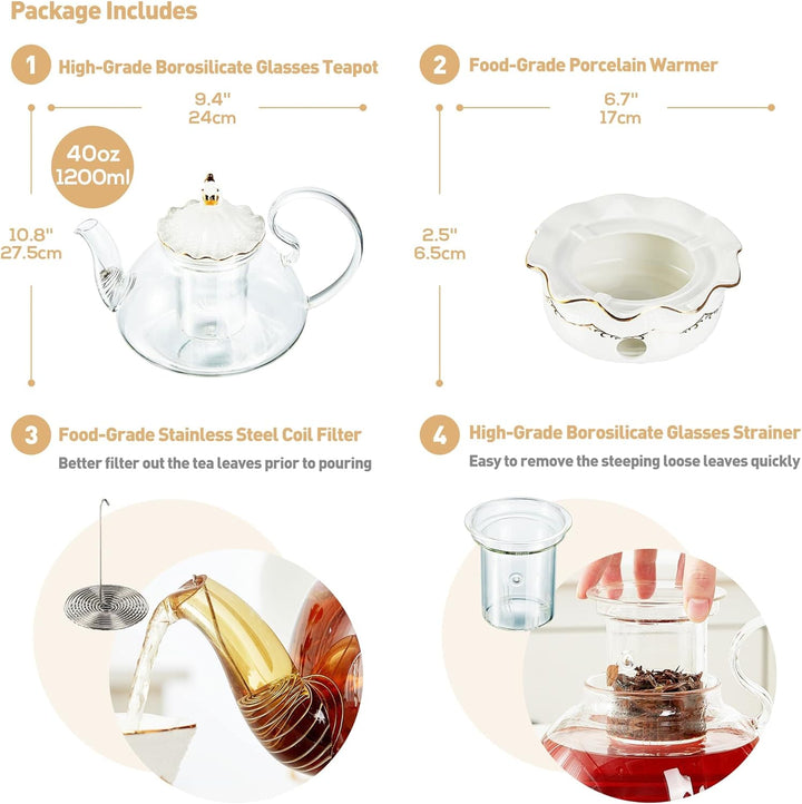 DUJUST Teekannen mit Stövchen Set, Luxuriöses Britisches Design mit Reliefdekor und Goldverzierungen