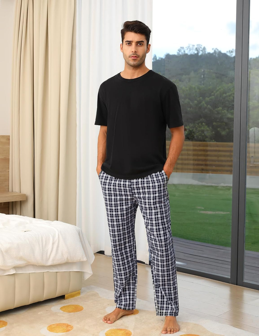 Litherday Schlafanzughose Herren Lang Kariert Pyjamahose 100% Baumwolle Nachtwäsche hose mit Taschen