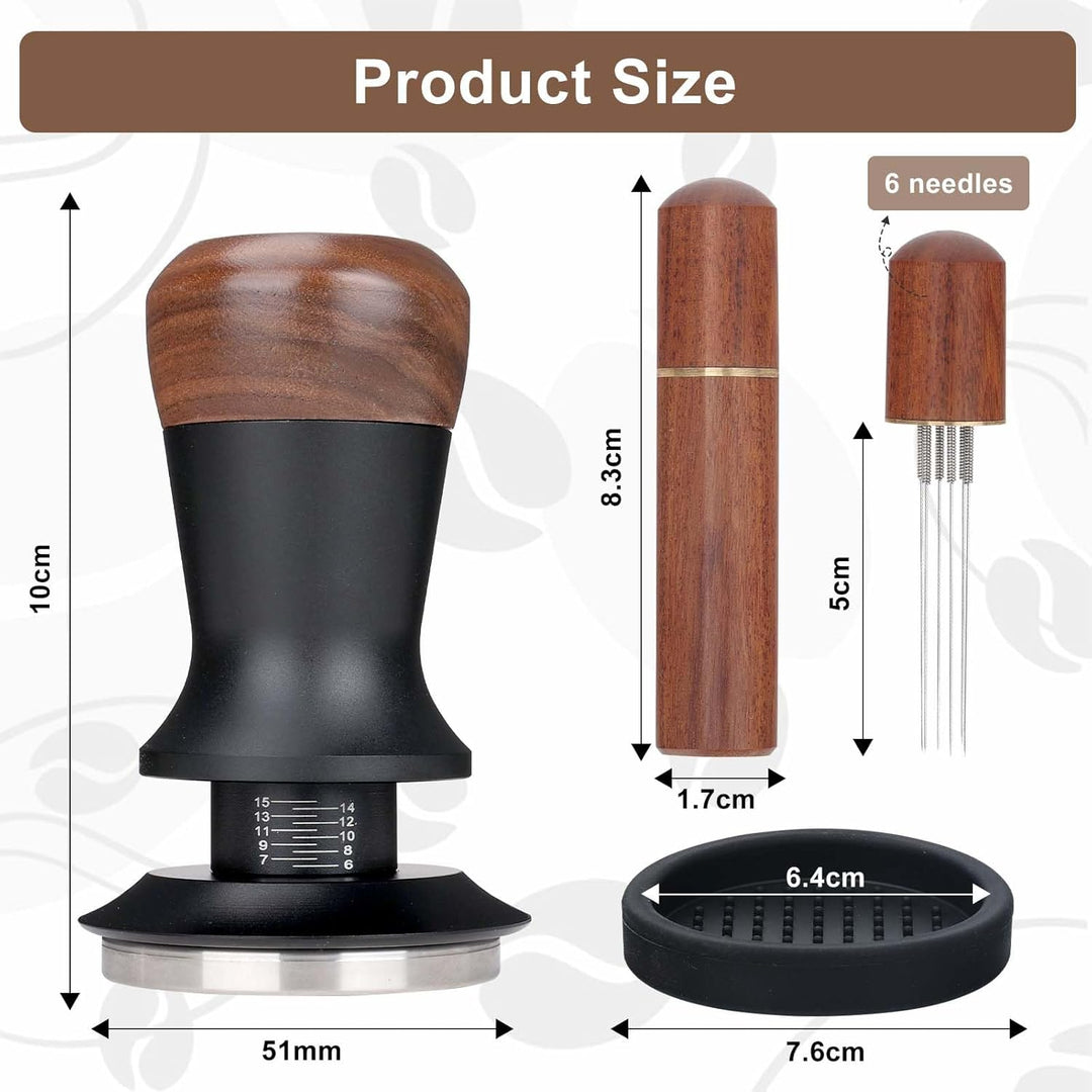 Kaffee Tamper Set: Tamper 51mm mit Holzgriff-WDT Tool mit 6 Nadel-Silikon Tampermatte, Kaffeestampfe