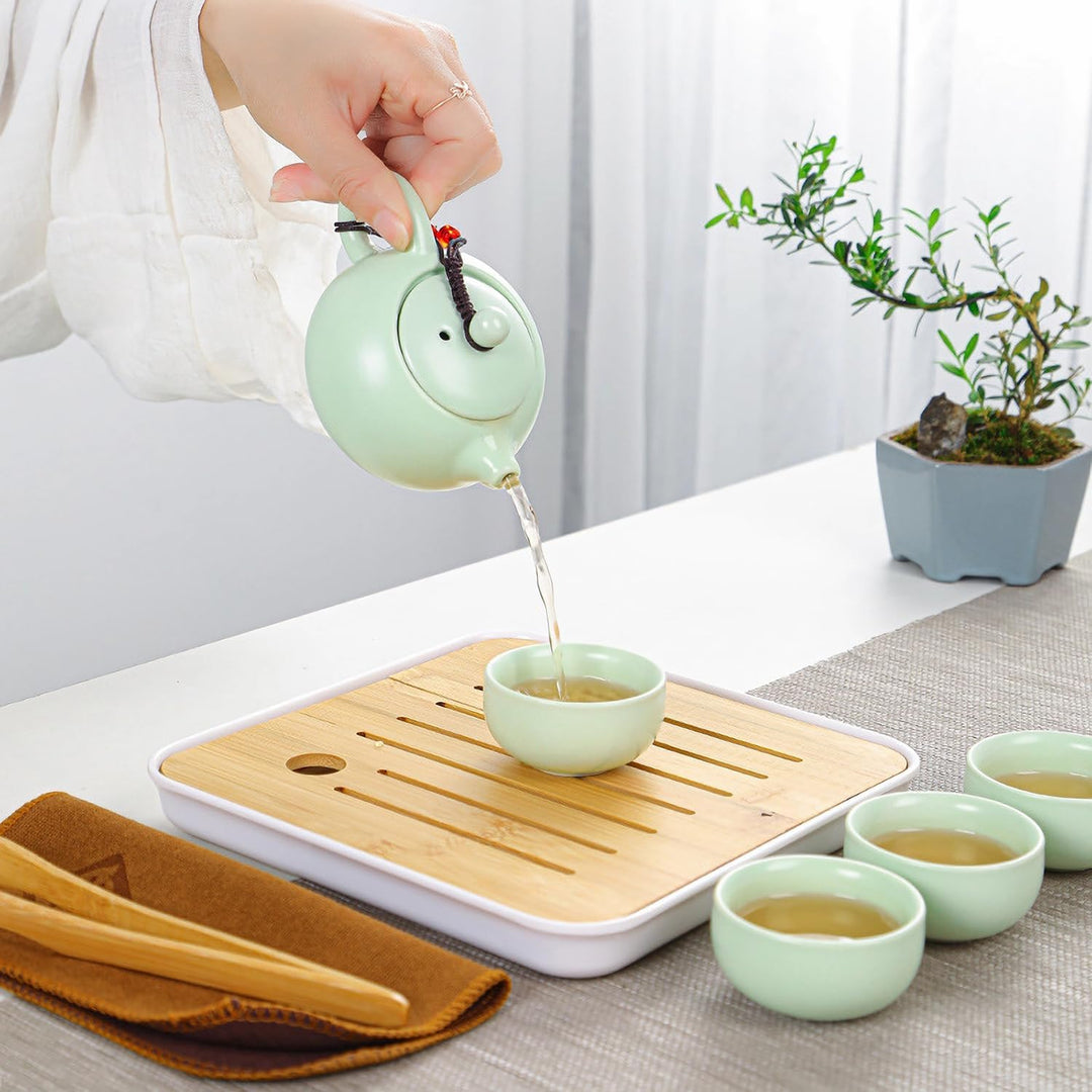 Teekanne Sets, Chinesisches Kungfu Teeservice, Keramik Teekanne mit 4 Tassen und Teedose &amp; Tablett,