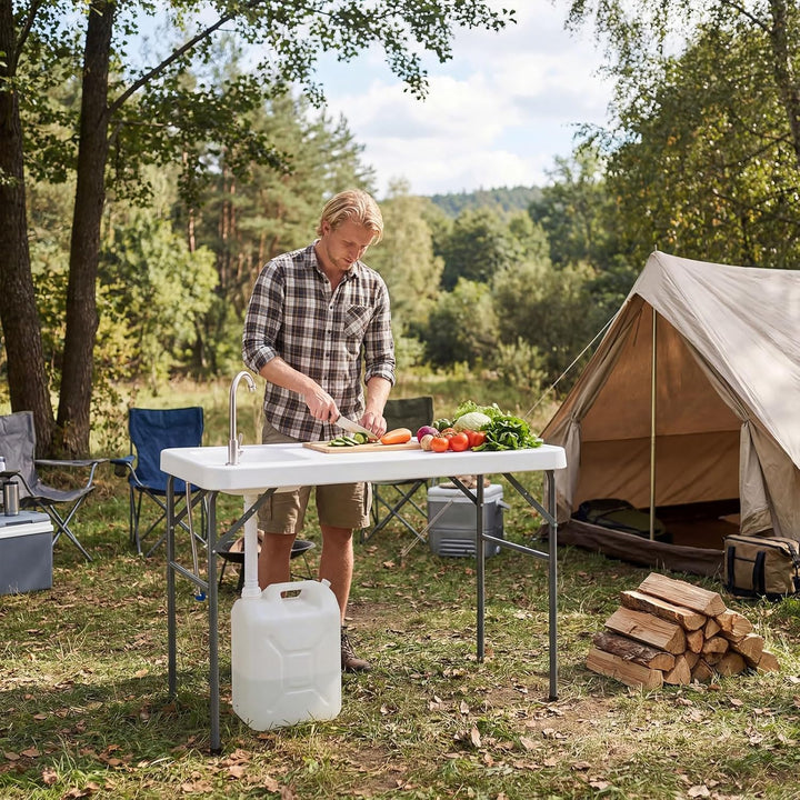 COSTWAY Fischreinigungstisch klappbar, Filetiertisch mit Spüle, Wasserhahn & Messskala, Campingtisch