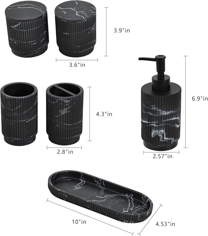 Badezimmer Set 6-TLG | Seifenspender + Zahnputzbecher mit Tablett & Wattestäbchenbox | Design Streif