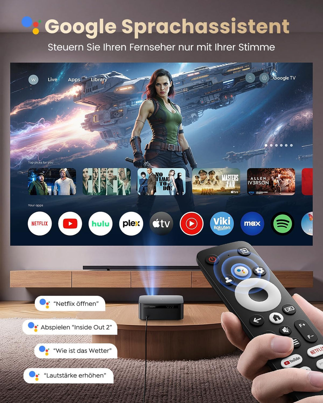 Beamer 4K [1300 ANSI|Google TV] FHD 1080P Beamer 4K Unterstützt, Autofokus Auto Trapezkorrektur 20W