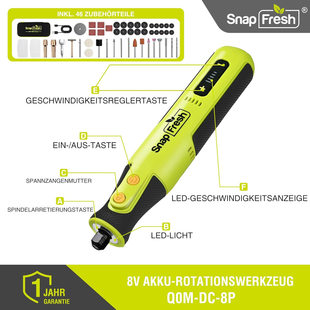 SnapFresh Rotationswerkzeug Akku 8V Set mit 46 Zubehörteilen, 0,26 kg leicht, bis zu 40Min Laufzeit,