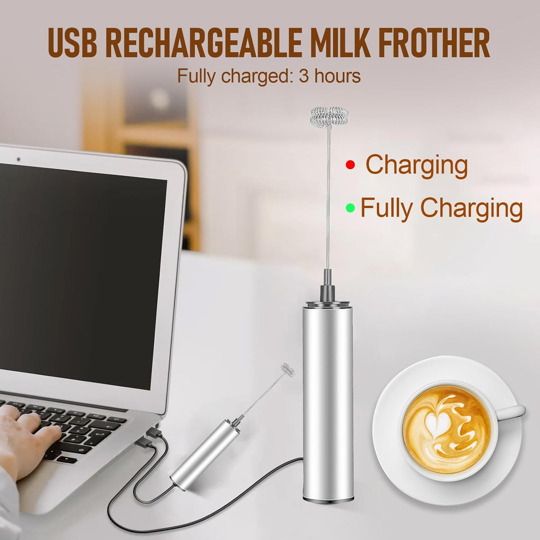 Edelstahl Milchaufschäumer, 3-in-1 Mini-Handmixer Elektrisch USB Wiederaufladbar, Schnellschaum, 3 S