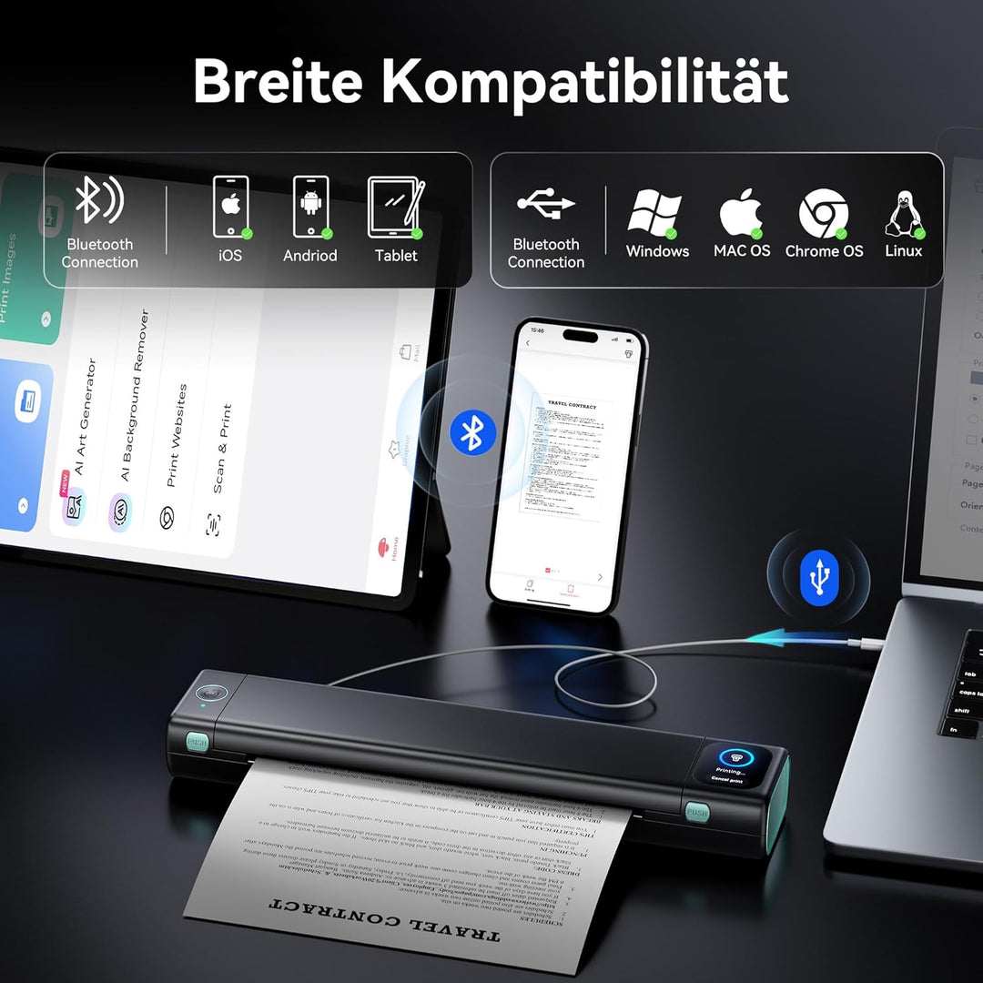 Phomemo M08D Touchscreen Mobiler Drucker, Bluetooth Thermodrucker A4, Rechnungen, Reisedrucker, Mini