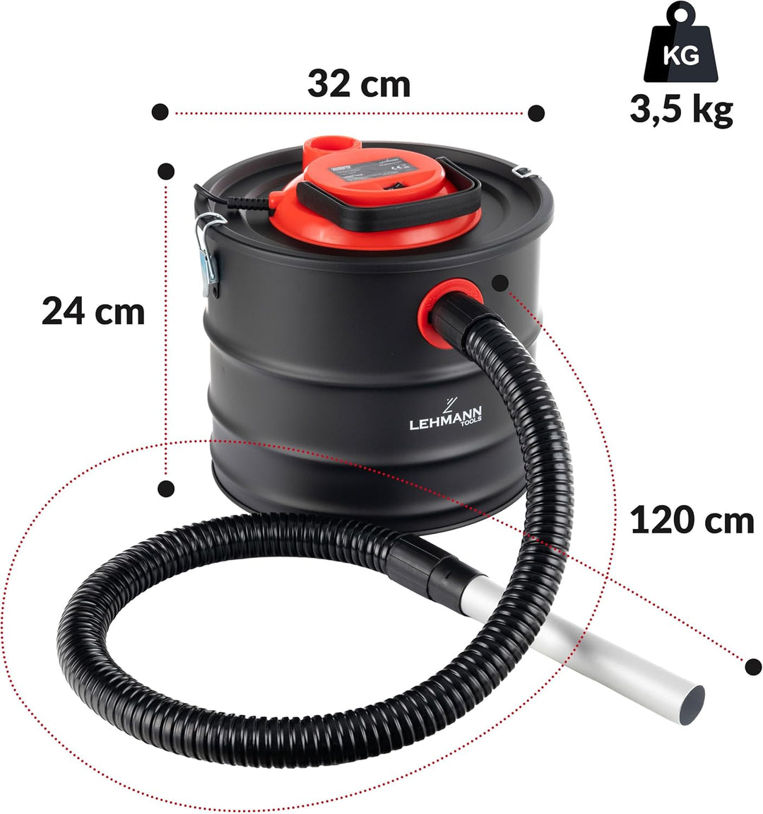 LEHMANN Aschesauger 15L - Kaminsauger für hohe Temperaturen - robustem Metalltank - Waschbar HEPA-Fi