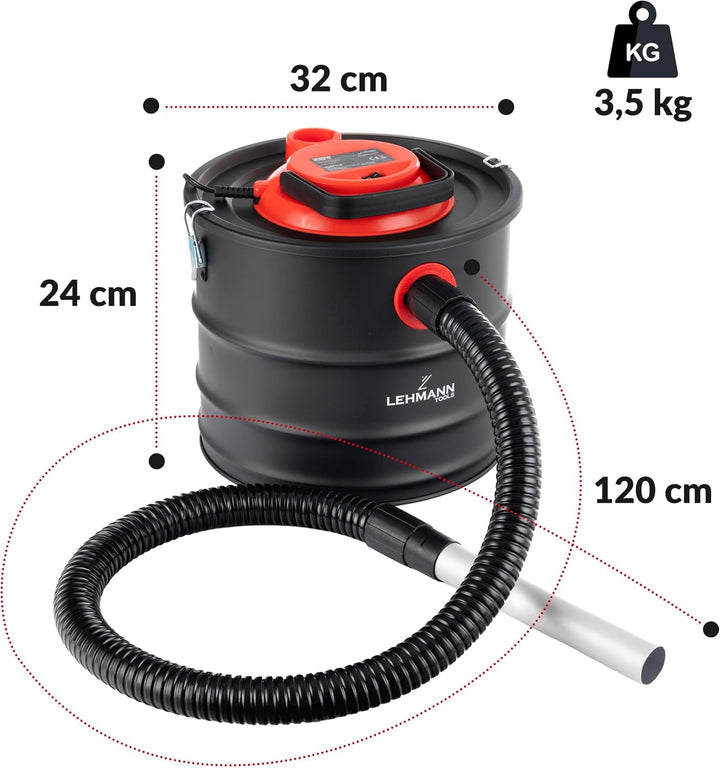 LEHMANN Aschesauger 15L - Kaminsauger für hohe Temperaturen - robustem Metalltank - Waschbar HEPA-Fi