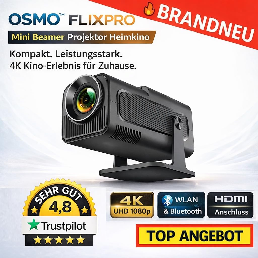 Osmo™ FlixPro Mini Beamer Projektor Heimkino WLAN 6 Bluetooth 4K 1080p LED HDMI