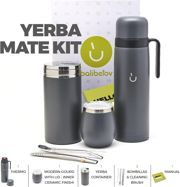 BALIBETOV Komplettes Yerba Mate Set – Moderner Mate Gourd, Thermos, Yerba Behälter, zwei Bombillas u
