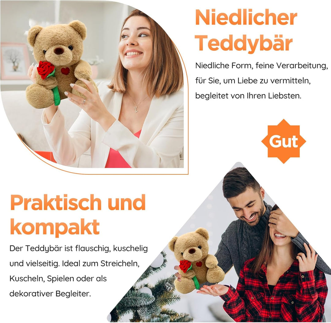 Teddybär, Teddy mit Rose 25cm, Plüsch-Bär Teddy Kuscheltier, Muttertagsgeschenke für Mama, Süsser St