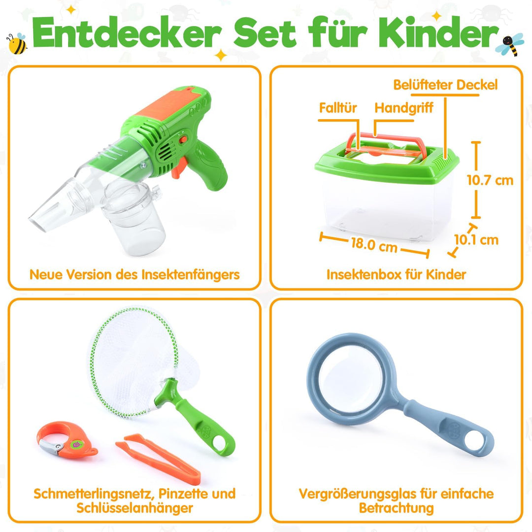 PLAY Forscherset für Kinder, Entdecker Set, Mit Insektenfänger, Insektenbox, Schmetterlingsnetz, Lup