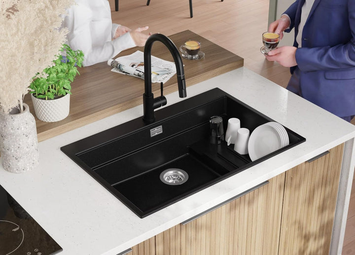 Spülbecken Schwarz 78x53 cm, Granitspüle 1 Becken + Ablauf-Set + Küchenarmatur, Küchenspüle ab 80er
