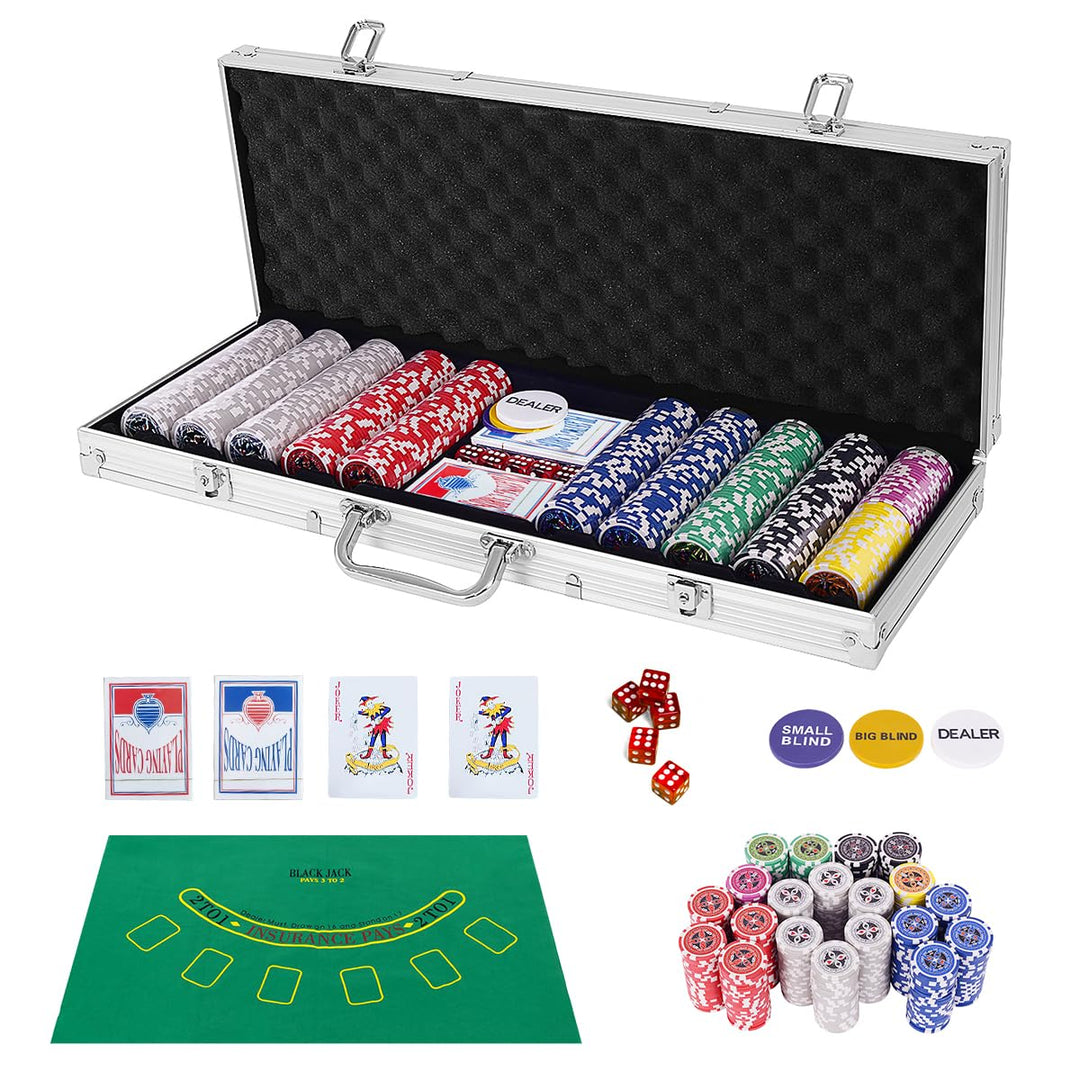 HOMASIS Pokerset mit 500 Chips, Alu Pokerkoffer mit 2 Kartendecks, 5 Würfeln, 3 Dealer Button &amp; Matt