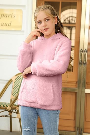 Runcati Pullover Mädchen Kapuzenpullover Fuzzy Teddy Fleece Sweatshirts mit Kapuze Taschen Freizeit