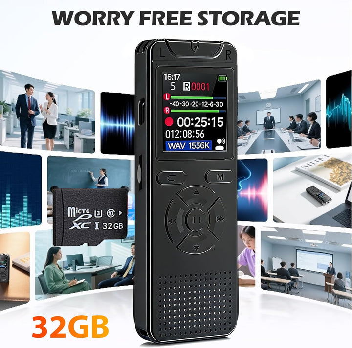 Diktiergerät Aufnahmegerät mit Playback 32GB, 1536Kpbs Stunden Audioaufnahmegerät MP3 Voice Recorder