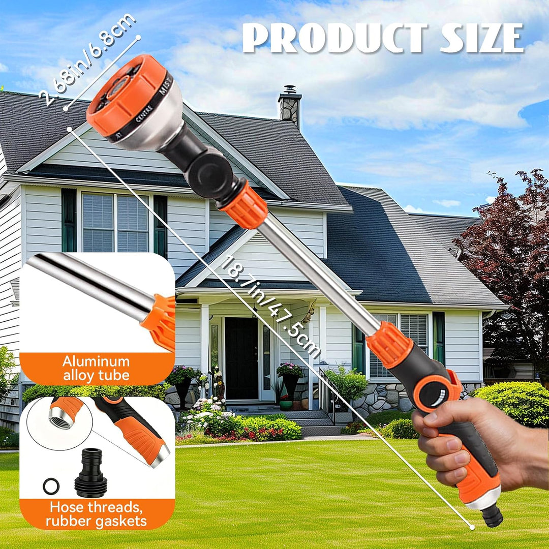 Garden Giessstab, 47CM Giessstab Lang mit 180° Schwenkbaren Kopf, Gartenbrause Metall mit 8 Sprühmus