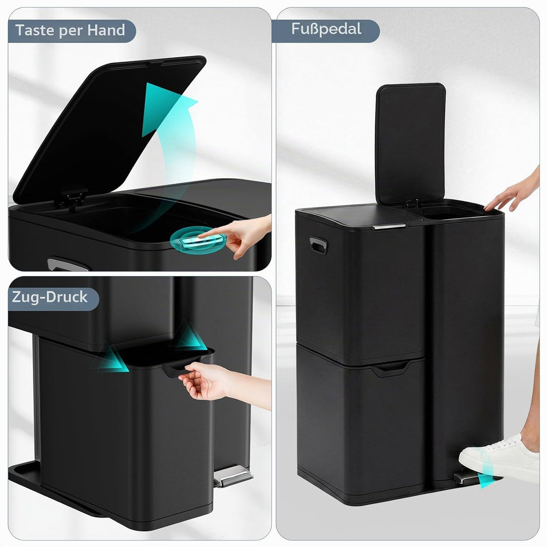 LIFERUN Mülleimer 3 Fächer, 60L Mülltrennsystem (30 + 17 + 13 L) mit Softclose Deckel, Abfalleimer K