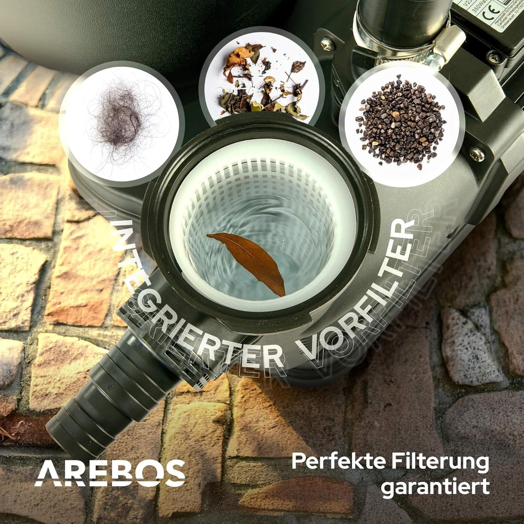 Arebos Sandfilteranlage mit Pumpe inkl. 1400g Filterbälle + 2m Schlauch | Schwarz | 400W | 10.200 L/