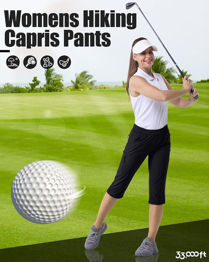 33,000ft Damen 3/4 Hose Capri Wanderhose Stretch Leichte Radhose Taschen Sommer Outdoor Golf Hose 34