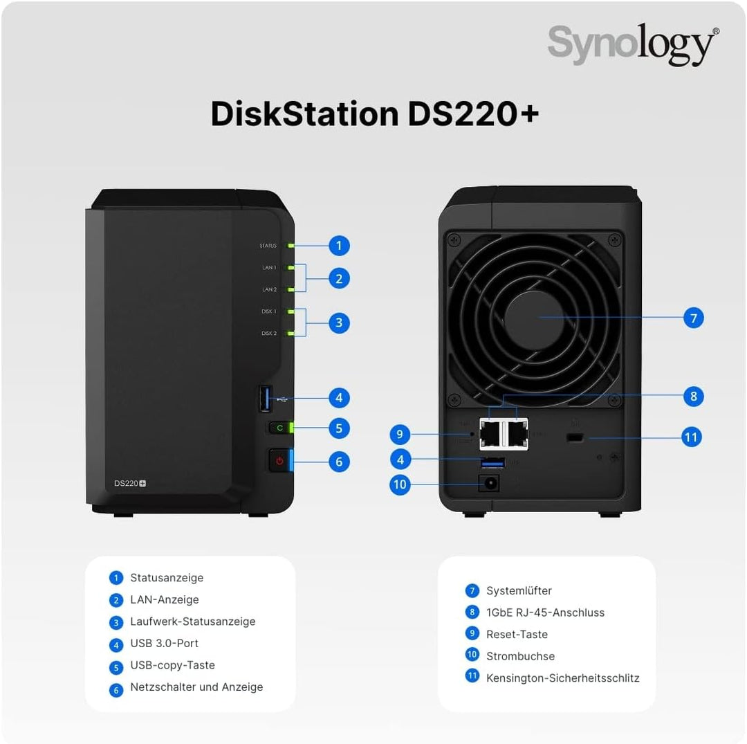 Synology DS220+ 2-Bay Diskstation NAS Intel Celeron J4025 2GB Ram 2xRJ-45 1GbE LAN-Port Bundle mit 2