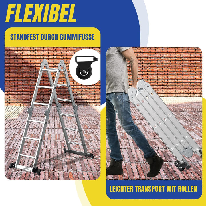 Mehrzweckleiter 4x3, 7in1 Multifunktionsleiter 366CM Alu Vielzweckleiter Klappleiter mit 2 Plattform