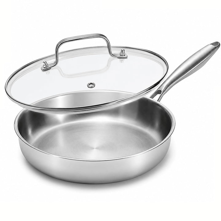 Edelstahlpfanne 28 cm mit Deckel, Unbeschichtete Bratpfanne für Induktion, Durchgehend 3-lagig (3 mm