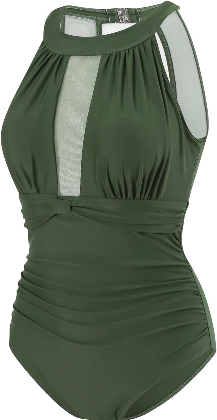 Damen Schlankheits Badeanzug Raffung Einteiler High Neck Bademode Strandmode, XL Gr&amp;