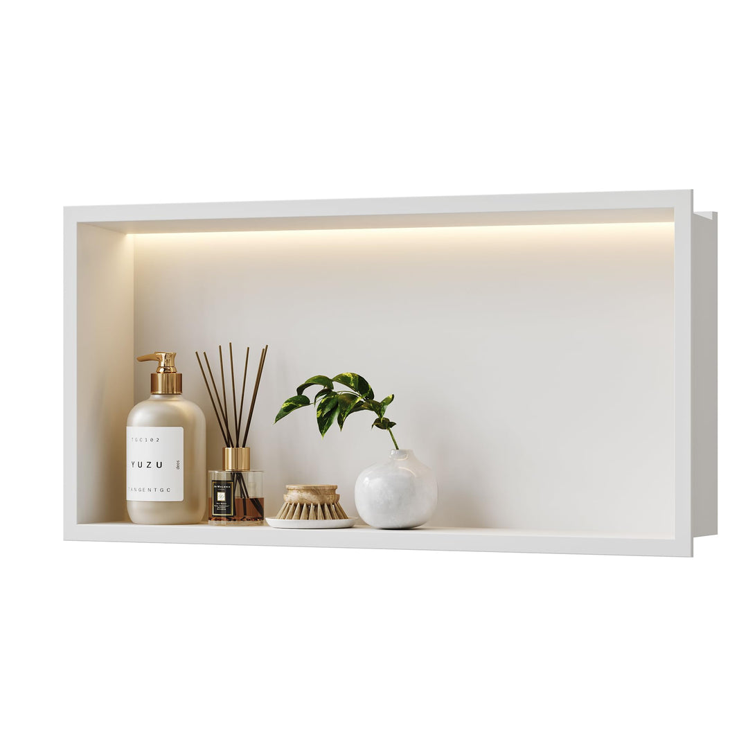 Wandnische Dusche Edelstahl mit LED-Licht, Eingebettete Duschnische Weiss Einzelregal Lagerung für B