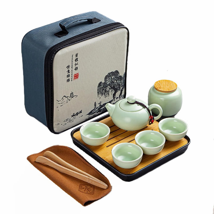 Teekanne Sets, Chinesisches Kungfu Teeservice, Keramik Teekanne mit 4 Tassen und Teedose &amp; Tablett,