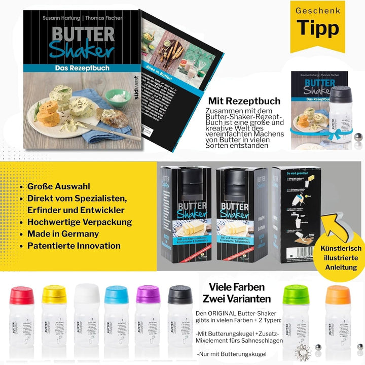 Butter machen mit dem 325ml-Butter &amp; Sahne-Shaker (WEISS) mit Butterungskugel und Aufschäumer