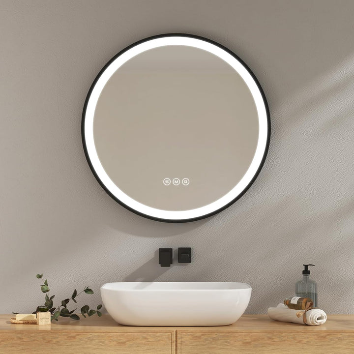 EMKE Runder Badspiegel mit Beleuchtung 70cm, Antibeschlag | Wandspiegel mit 3 Lichtfarbe dimmbar, Sp
