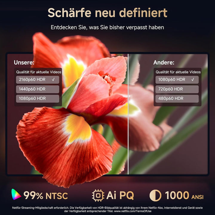 4K Smart Beamer mit integrierter Netflix-App, Kinoähnlichem Sound & HDR | KOGATA Auto-Fokus, 6D Keys