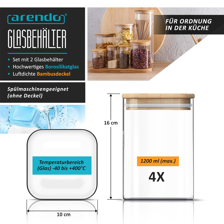 Arendo - Vorratsbehälter mit Deckel 1200ml - 4er Set - Behälter aus Glas – hitzebeständig – Vorratsd