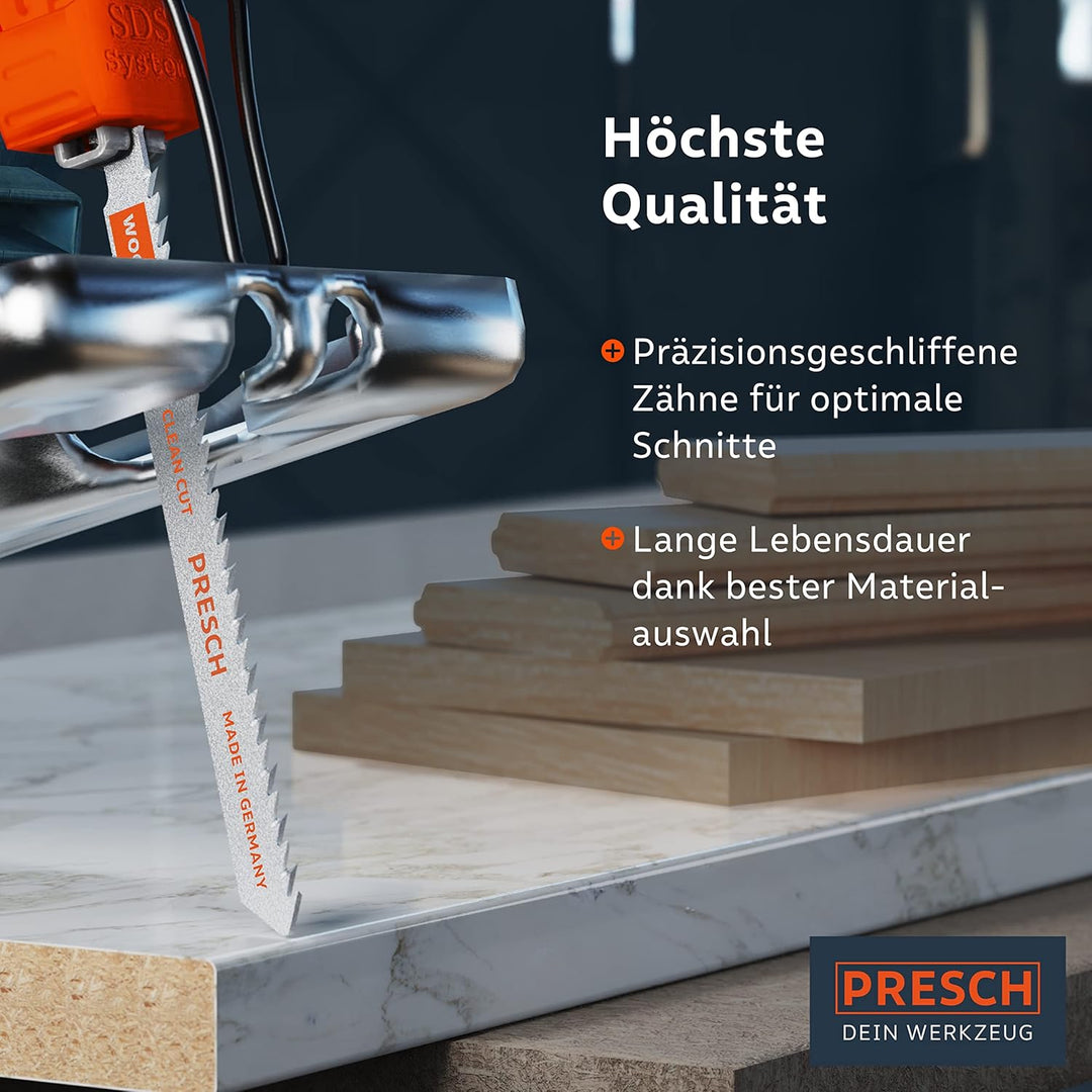 Presch Stichsägeblätter Holz 10 Stk. - Sehr sauberer, gerader Feinschnitt (3-30mm) - Langlebige T-Sc