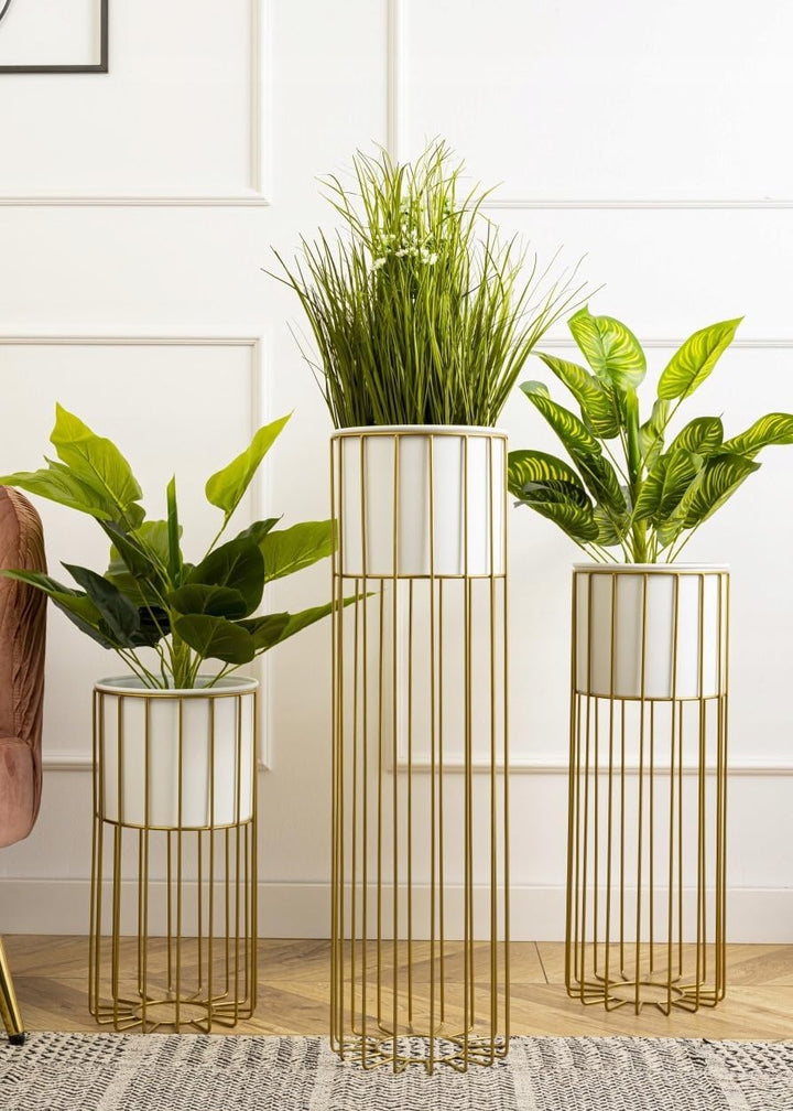 HowHomely Moderne Blumenständer Metall 70 cm Hoch mit Weiss Blumentopf Rund 19 cm Ø auf Robuste Gold