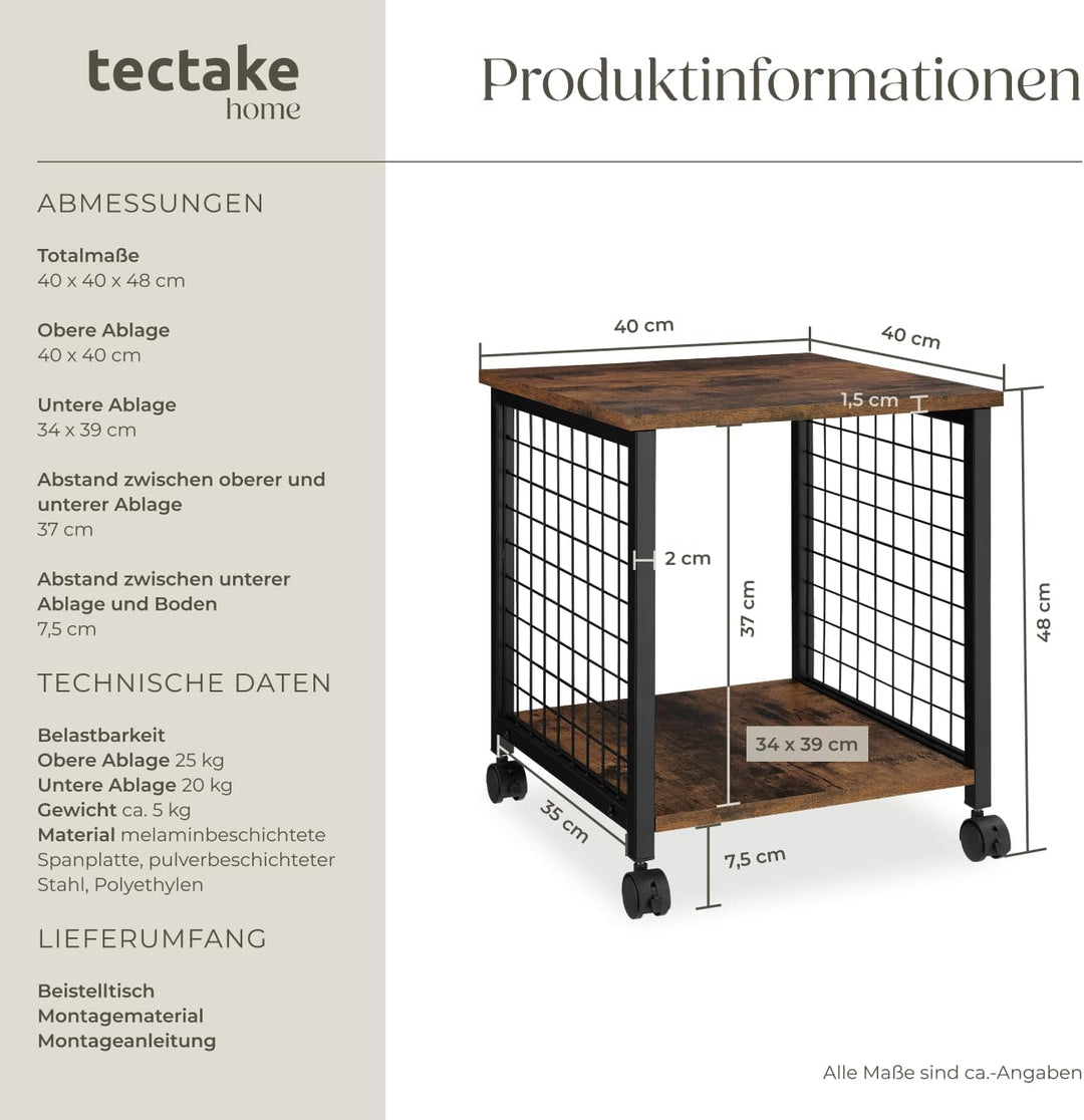 tectake Beistelltisch mit 2 Ablagen und Rollen, Nachttisch im Industrie-Design, 40 x 40 x 48 cm, für
