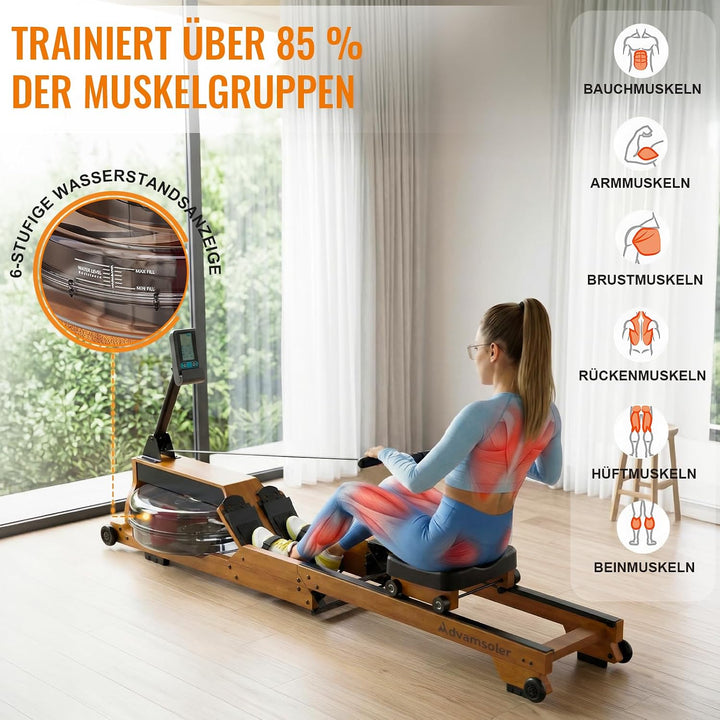 Wasser-Rudergerät für Zuhause, klappbar – leise | Bluetooth-App, LCD &amp; Tablet-Halter, gelenkschonend