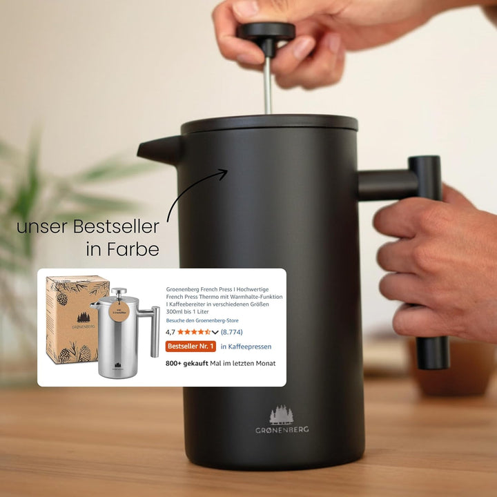 Groenenberg French Press Black 600 ml o. 1 Liter I Hochwertige Kaffeepresse mit Thermo Warmhalte-Fun