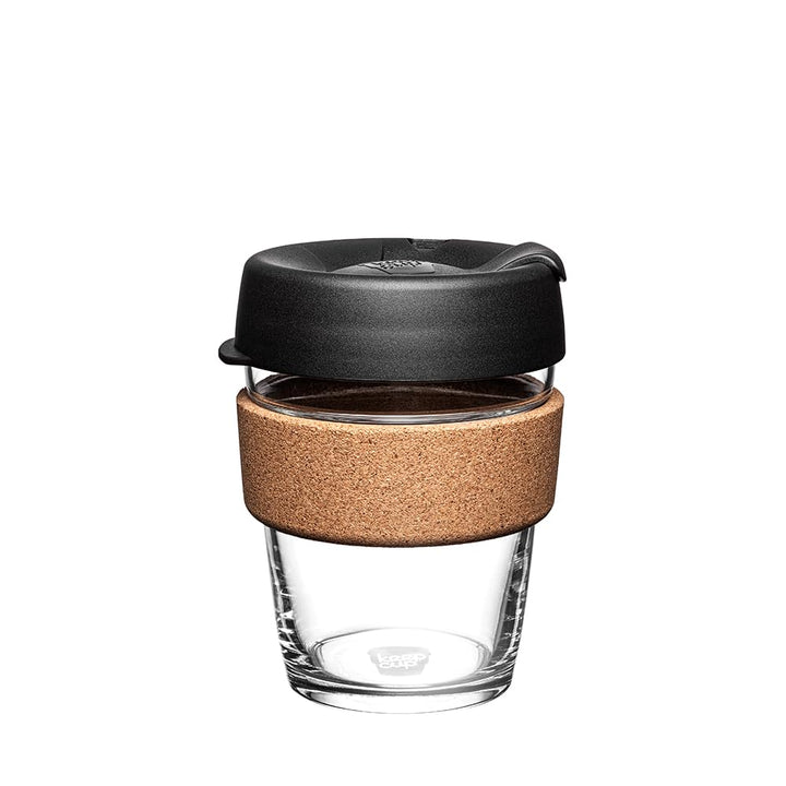 KeepCup Brew Cork, Mehrweg-Glasbecher, spritzwassergeschütz, Medium 12oz 340mls, Schwarz Medium 12oz