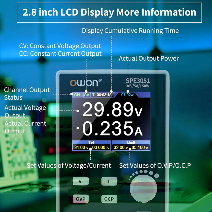 OWON SPE3051 Programmierbares Labornetzteil (0-30 V 0-5 A), 150-W-DC-Netzteil mit 2,8-Zoll-LCD-Displ