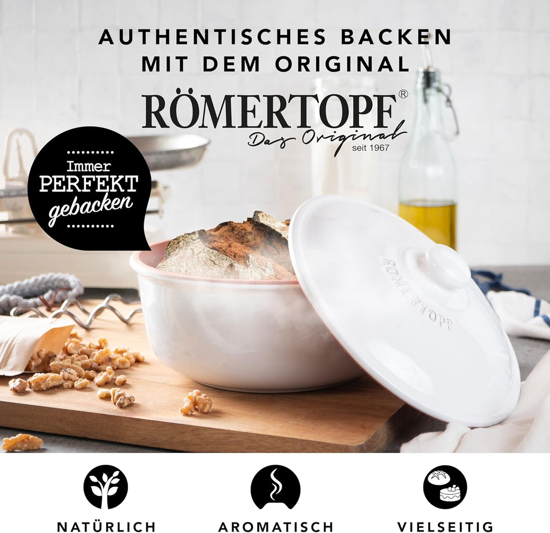Römertopf Brotbacktopf aus Naturton bis zu ca. 1.000g Backgut, für natürliches Brotbacken, Weiss Wei