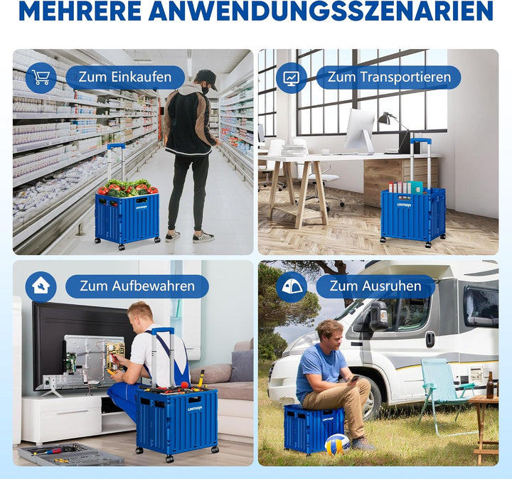 LDHTHOPI Einkaufstrolley klappbar 65L,MAX 50KG Trolley mit Teleskopgriff,4 Zerlegbaren Drehbaren Räd