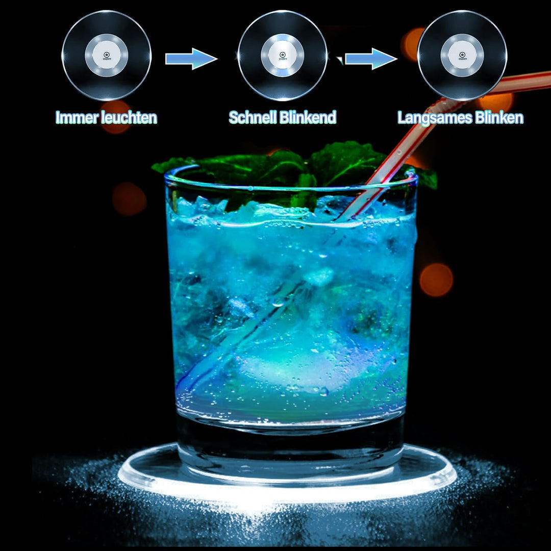 6er-Set Kühle Weiss LED Untersetzer für Getränke, ON/Off Wasserdicht Rund Untersetzer Acryl für Gläs