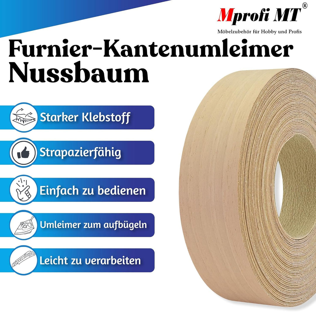 Mprofi MT® Kantenumleimer mit Schmelzkleber - 45mm X 5m Rolle - Echtholz Furnier Kantenumleimer Nuss