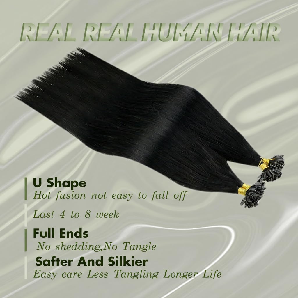RUNATURE Bondings Extensions Echthaar 60cm Lang Haarverlangerung Echthaar Bondings Schwarz 50g 50s K