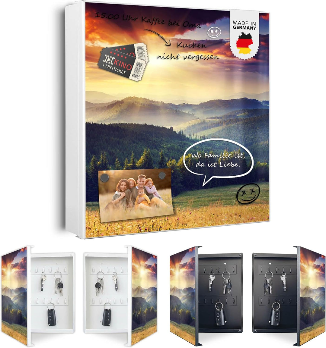 banjado® Grosser Schlüsselkasten Glas/Schlüsselbox 30cm x 30cm mit 50 Haken - Motiv Karpaten Sunset/