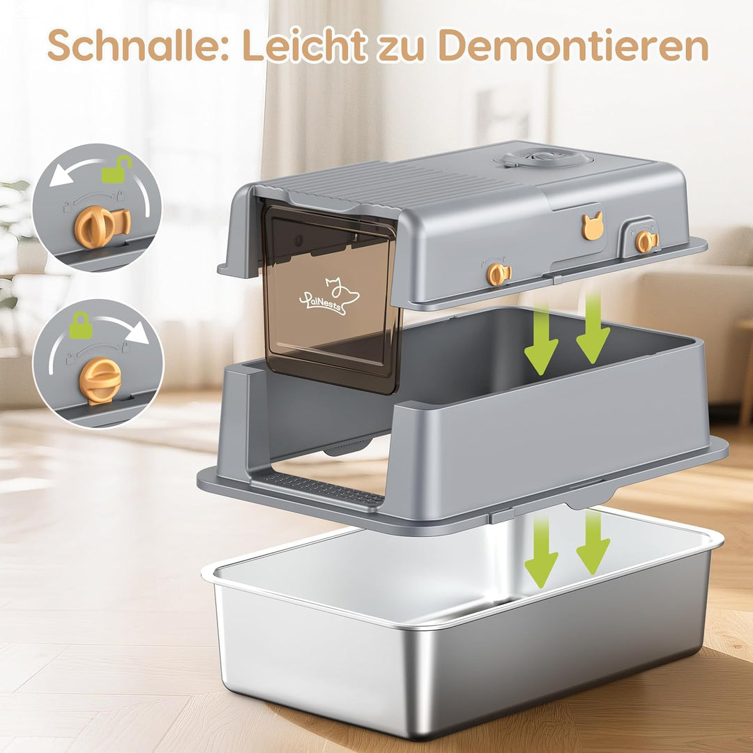 Edelstahl-Katzentoilette mit Deckel, XXL Katzenklo Edelstahl mit 105° -Klappe und Schaufel, 3-in-1 K